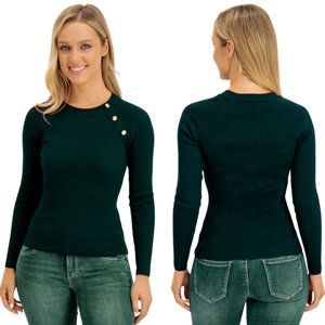 Ribbed Sweater Button-Trim Cotton-Blend Knit Long Sleeve Top Hunter green SZ XS